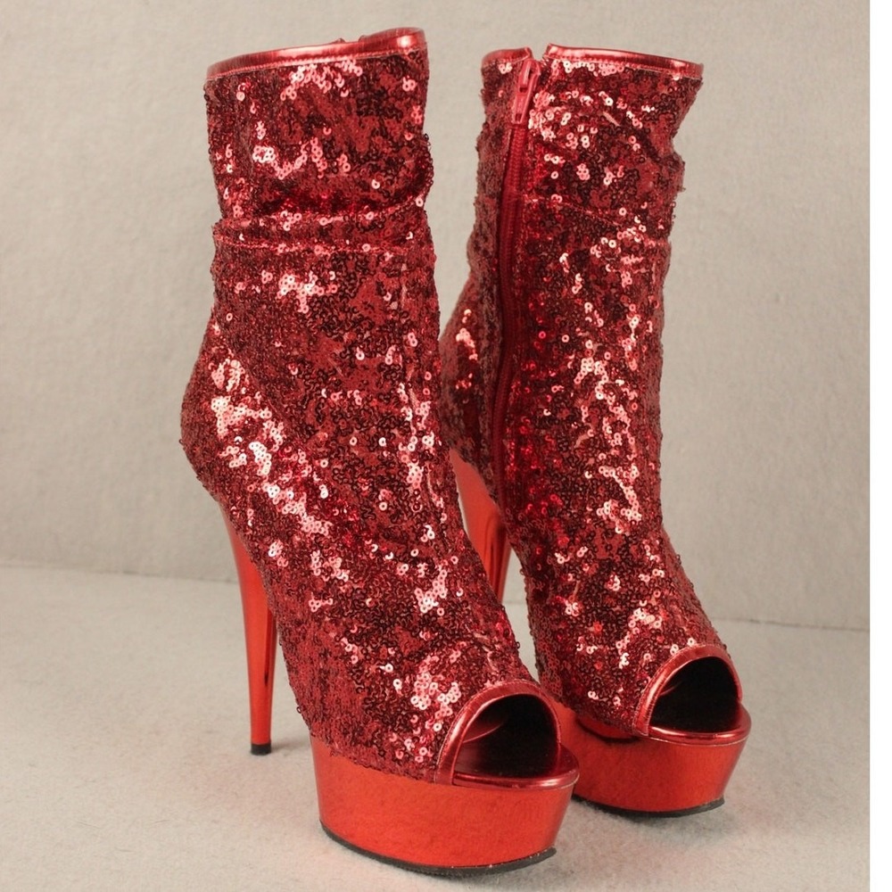 Pleaser Red Sequin‎ Platform Ankle Boots Peep Toe Stiletto Heel Womens Size 8